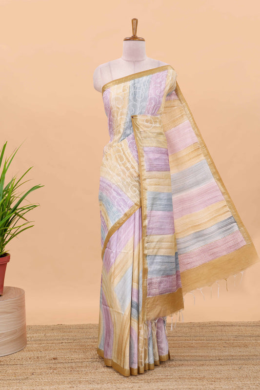 Multi color stripes chikankari cotton saree with thread work and self pallu
