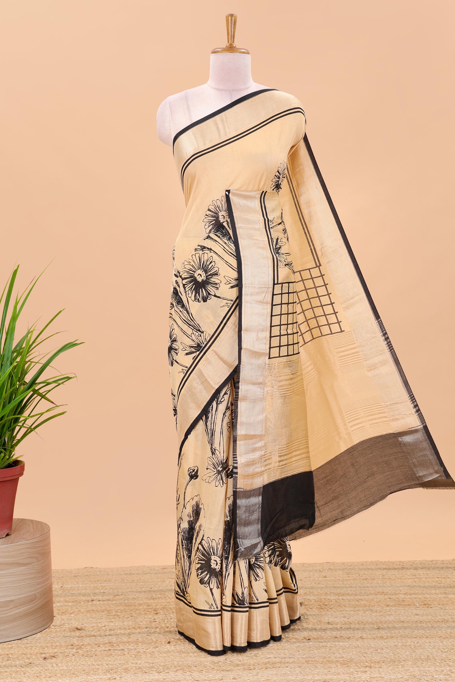 Pastal orange floral print chanderi cotton saree with zari pallu