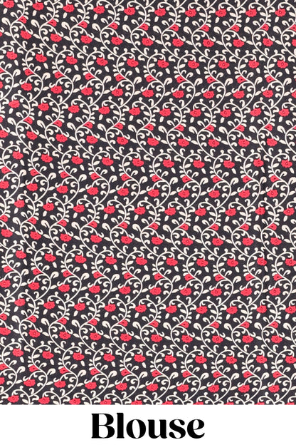 Black color satin ajrakh modal printed saree with plain border and kalamkari print pallu