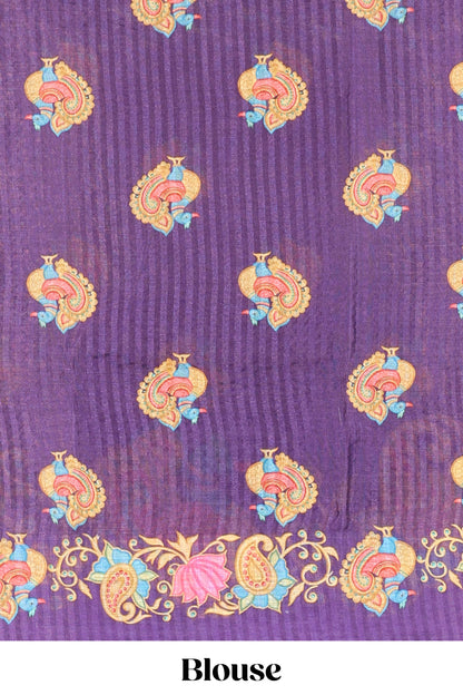 Violet tanjore painting style linen tussar saree with peacock & lotus motifs and printed pallu