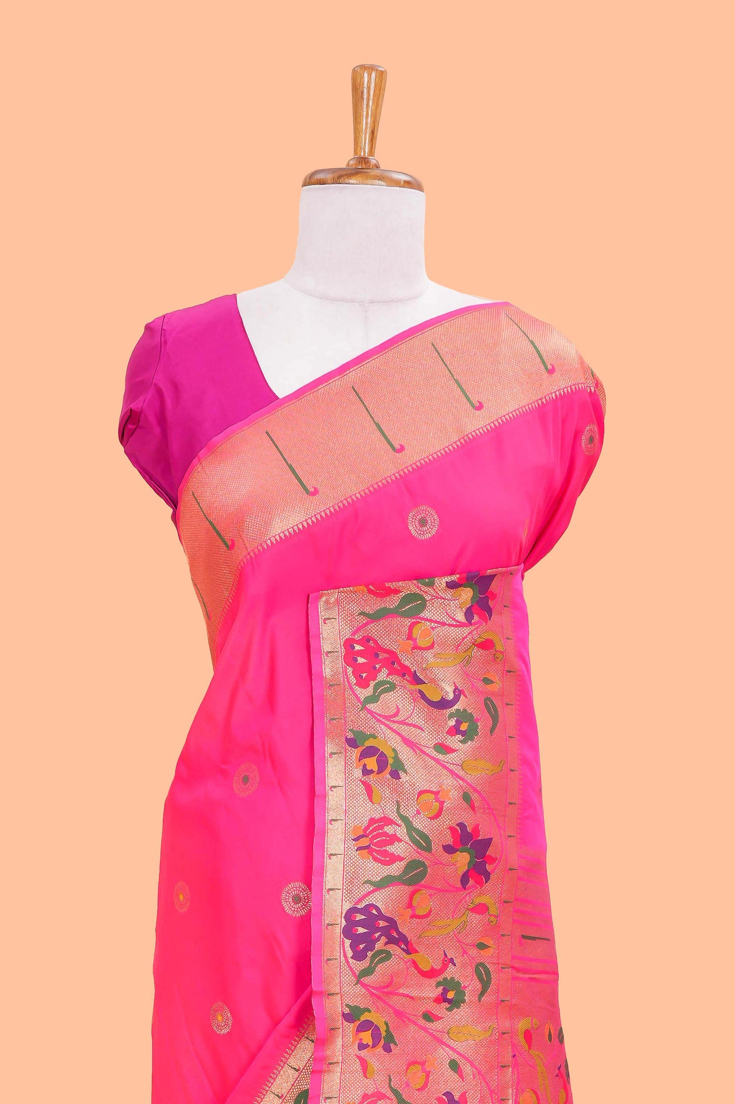 Pink art silk saree golden zari motifs body and paithani pallu along with blouse