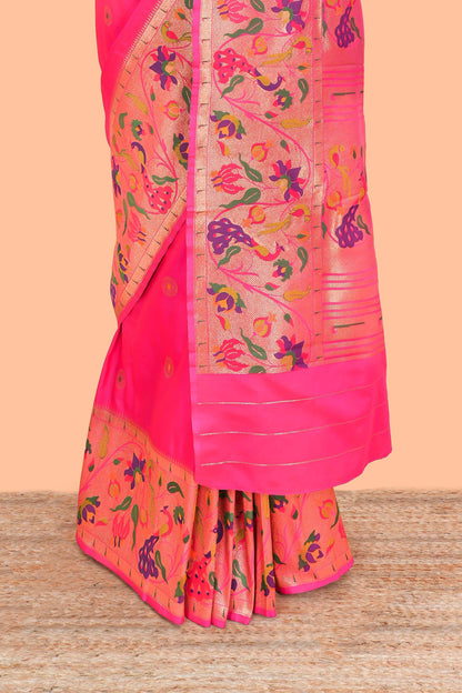 Pink art silk saree golden zari motifs body and paithani pallu along with blouse