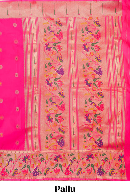 Pink art silk saree golden zari motifs body and paithani pallu along with blouse