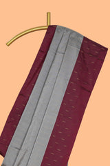 Grey striped design arani gift saree with contrast border and matching blouse