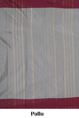 Grey striped design arani gift saree with contrast border and matching blouse
