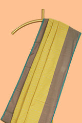 Yellow striped design arani gift saree with contrast border and plain blouse