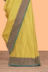 Yellow striped design arani gift saree with contrast border and plain blouse