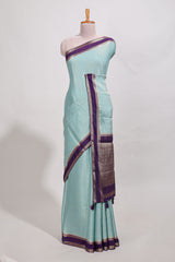 Light blue art mysore silk saree with retta petta contrast border and rich pallu with plain blouse