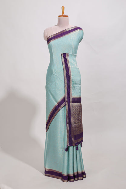 Light blue art mysore silk saree with retta petta contrast border and rich pallu with plain blouse