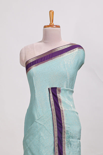 Light blue art mysore silk saree with retta petta contrast border and rich pallu with plain blouse