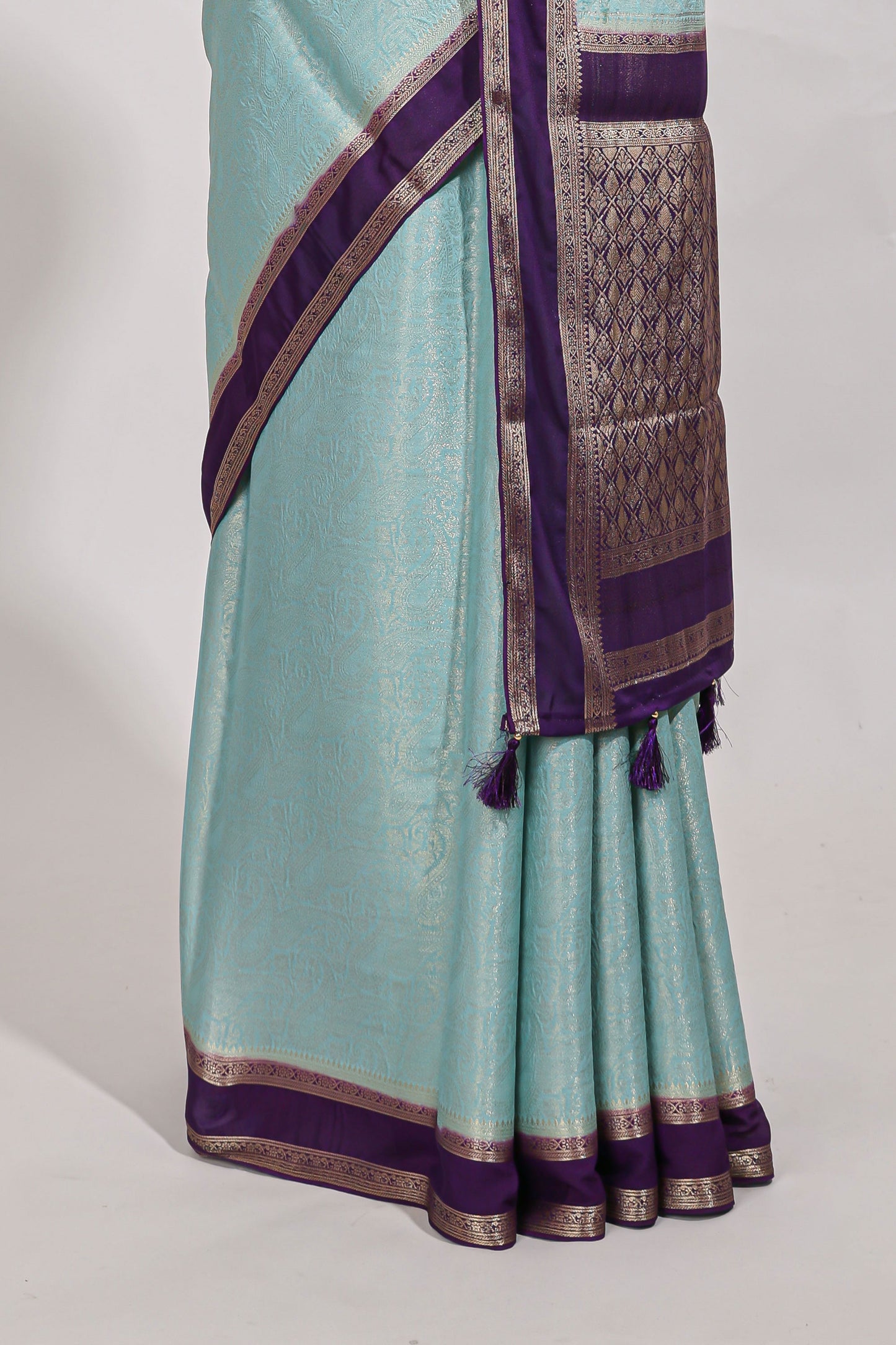 Light blue art mysore silk saree with retta petta contrast border and rich pallu with plain blouse