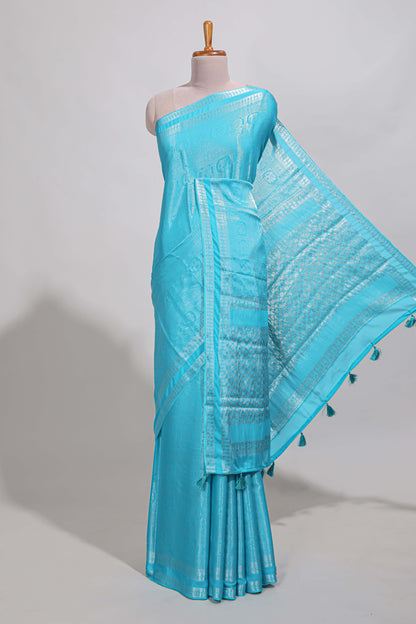 Blue art mysore silk saree with retta petta contrast border and rich pallu with plain blouse