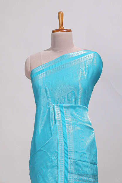 Blue art mysore silk saree with retta petta contrast border and rich pallu with plain blouse