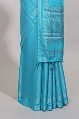 Blue art mysore silk saree with retta petta contrast border and rich pallu with plain blouse