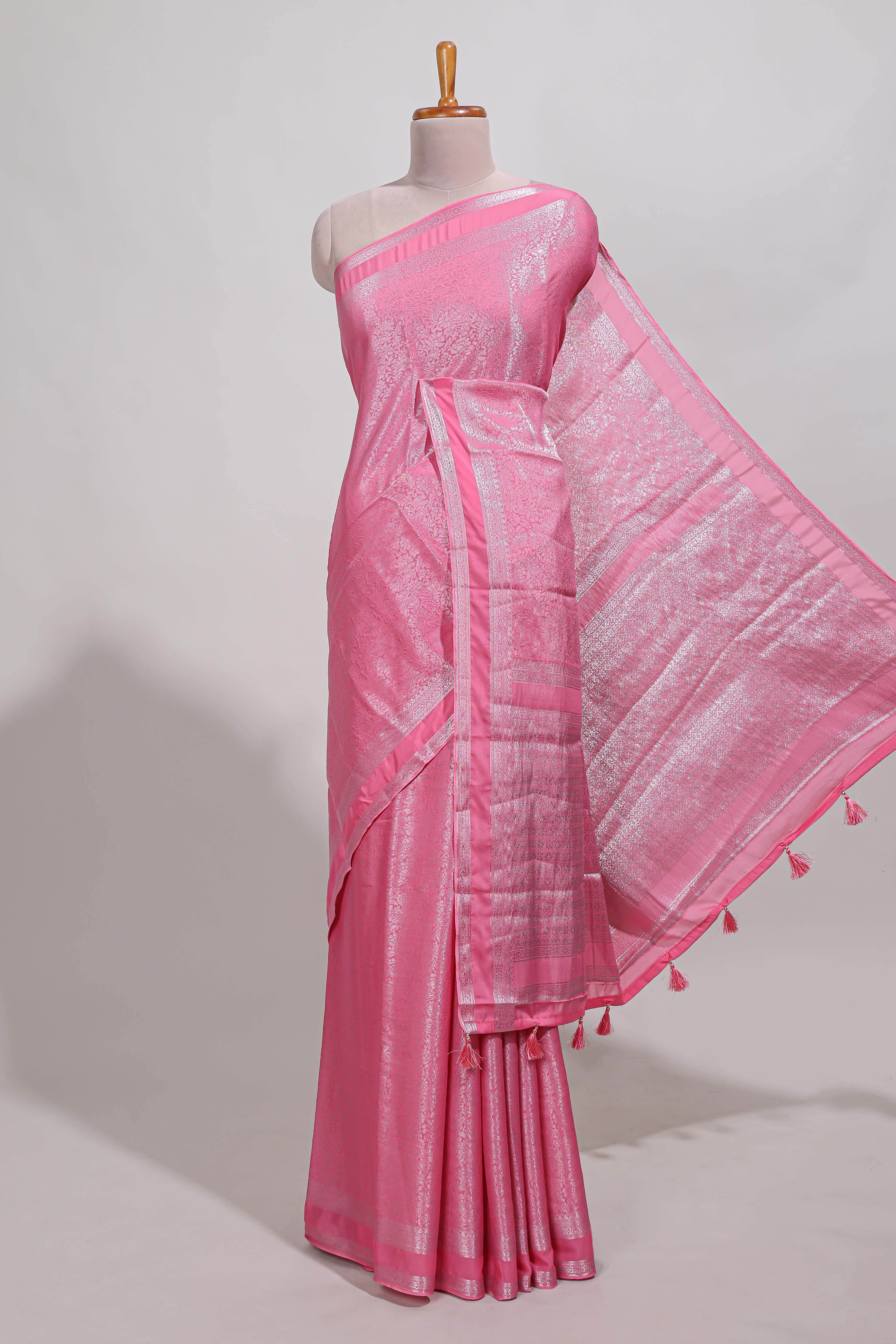 pink art mysore silk saree with retta petta contrast border and rich pallu with plain blouse