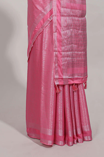 pink art mysore silk saree with retta petta contrast border and rich pallu with plain blouse