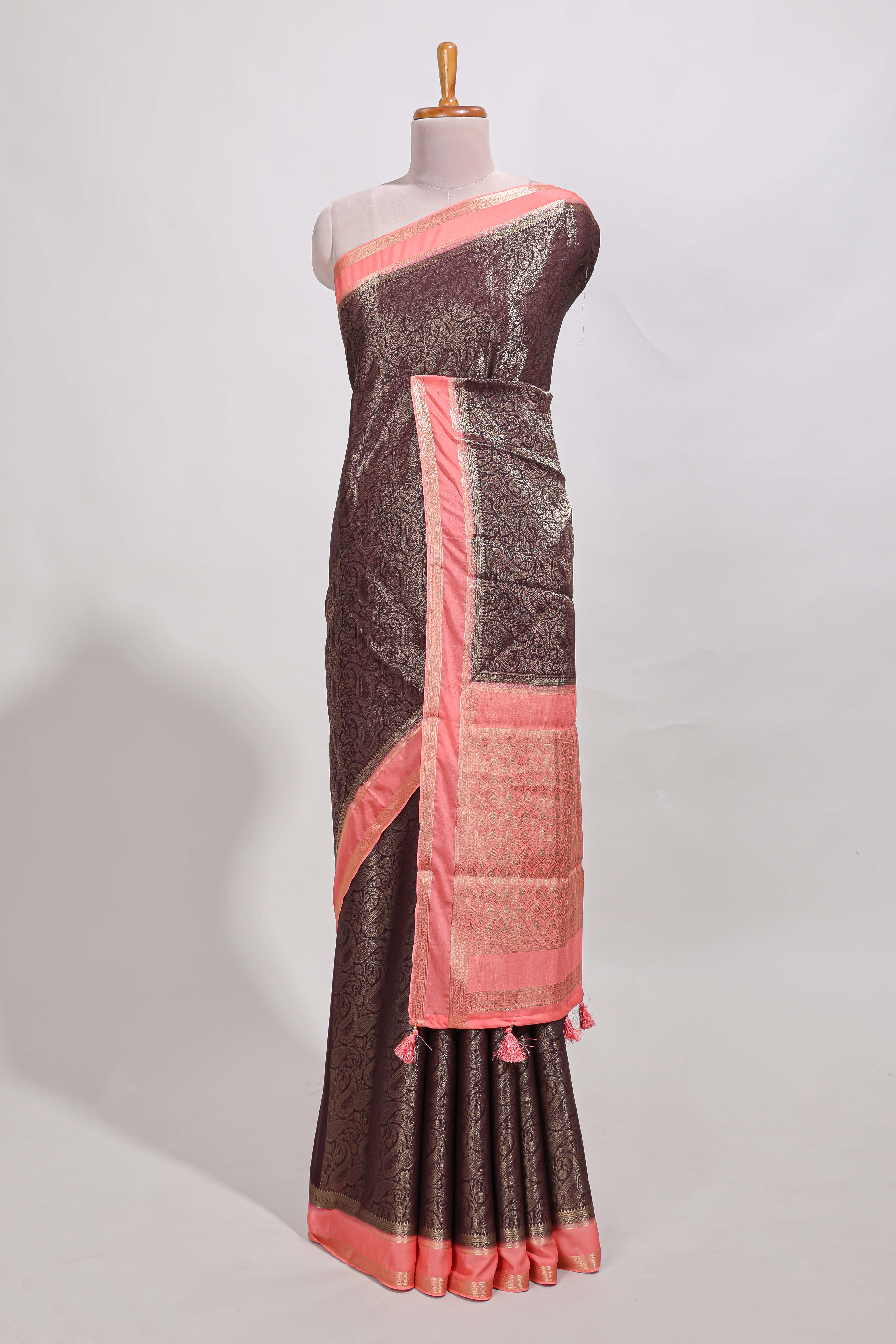 brown art mysore silk saree with retta petta contrast border and rich pallu with plain blouse