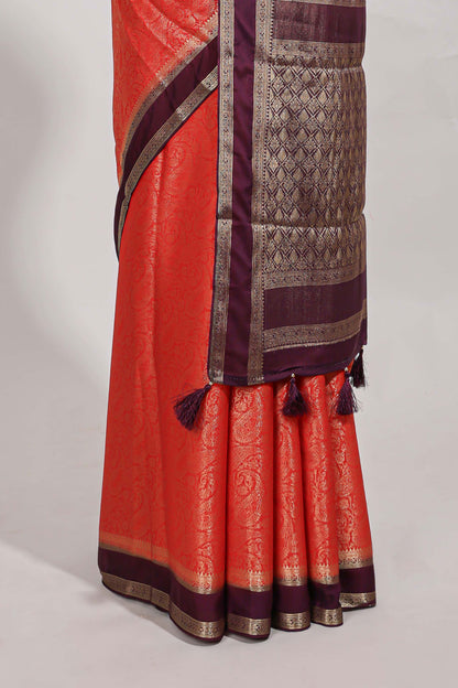 Red art mysore silk saree with retta petta contrast border and rich pallu with plain blouse