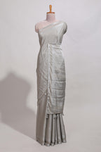 silver art mysore silk saree with retta petta contrast border and rich pallu with plain blouse