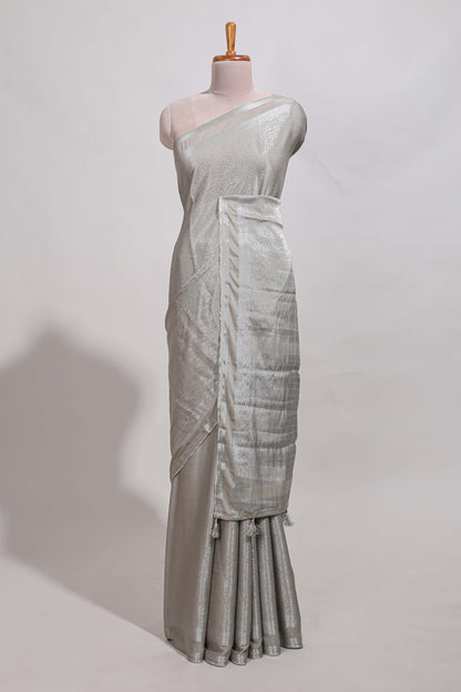 silver art mysore silk saree with retta petta contrast border and rich pallu with plain blouse
