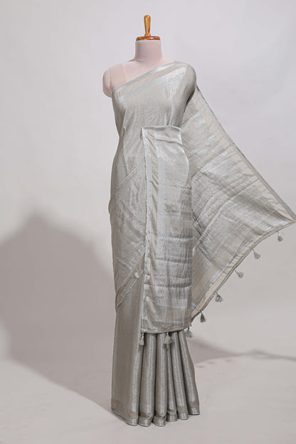silver art mysore silk saree with retta petta contrast border and rich pallu with plain blouse