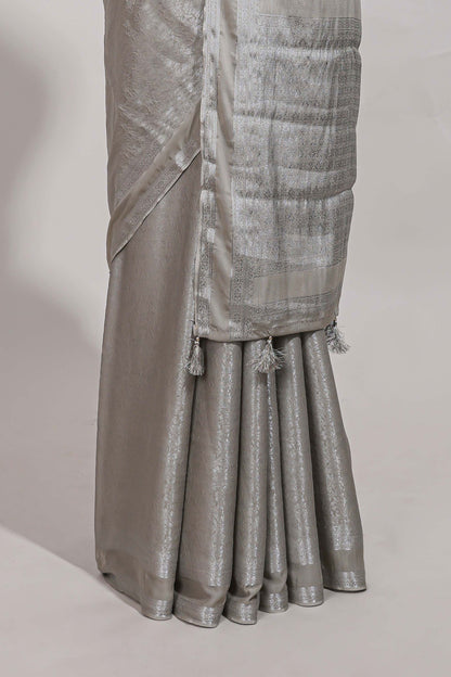 silver art mysore silk saree with retta petta contrast border and rich pallu with plain blouse