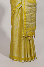 Yellow art mysore silk saree with retta petta contrast border and rich pallu with plain blouse
