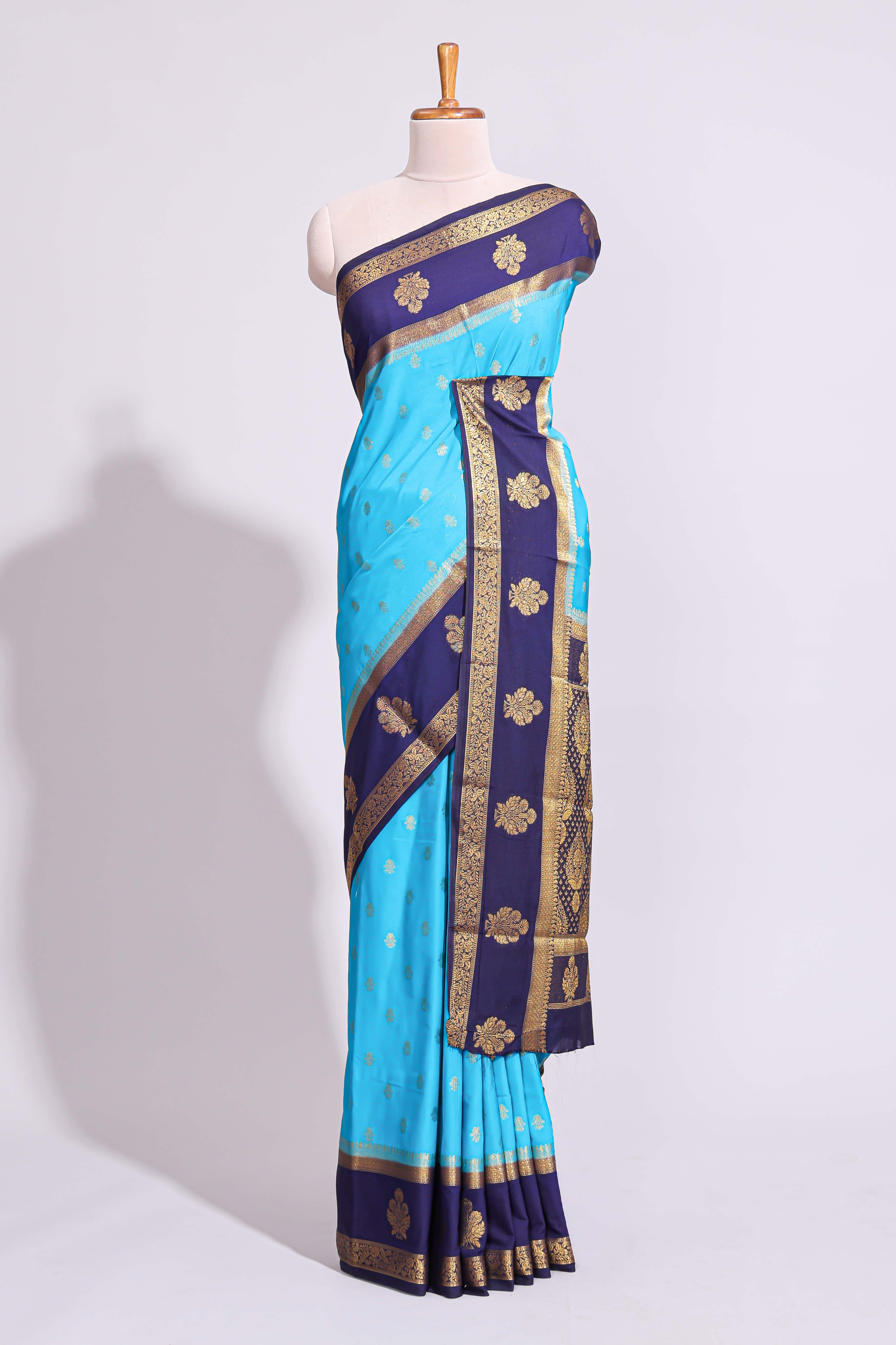 Blue zari motifs art mysore silk saree with contrast zari border and blouse