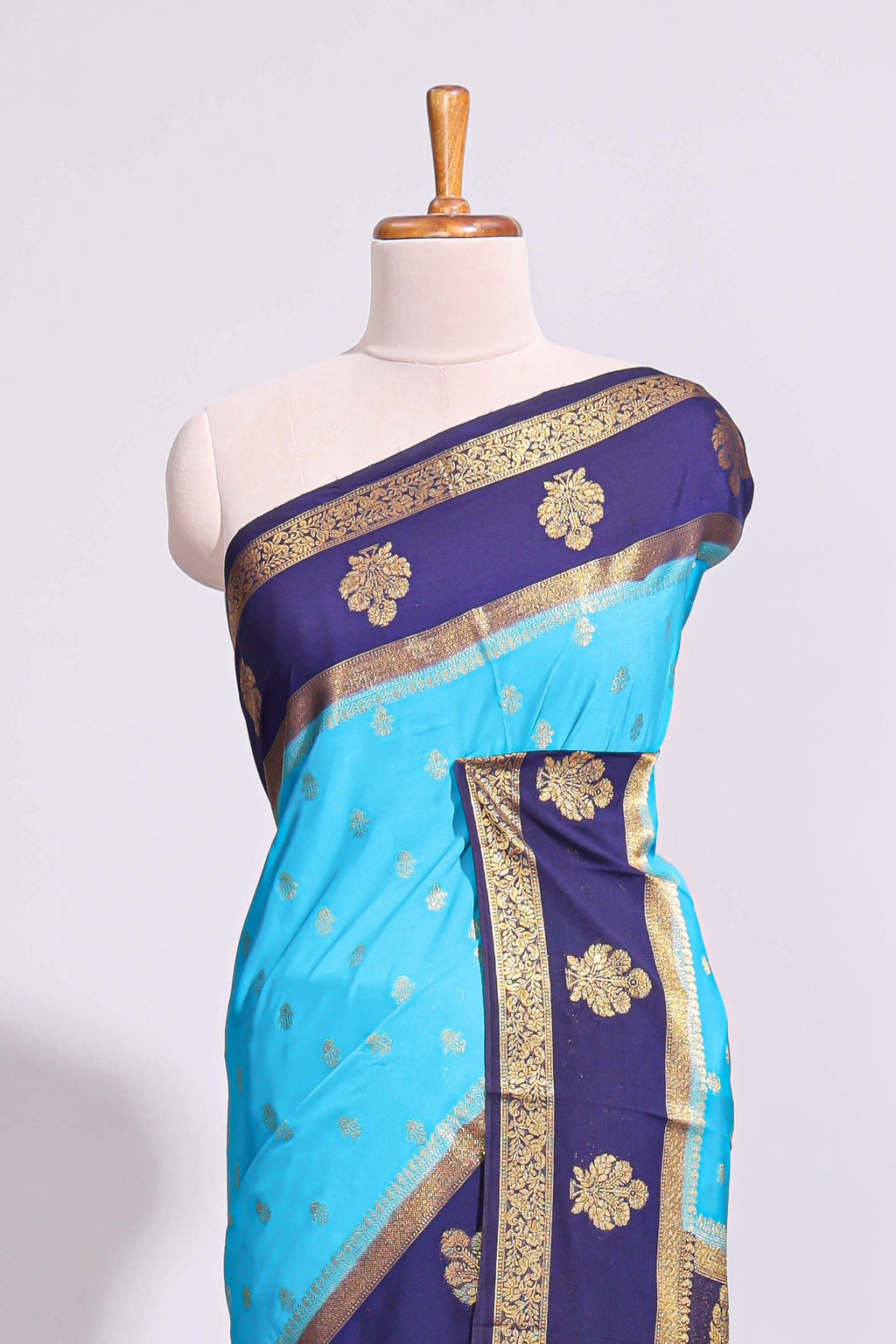 Blue zari motifs art mysore silk saree with contrast zari border and blouse