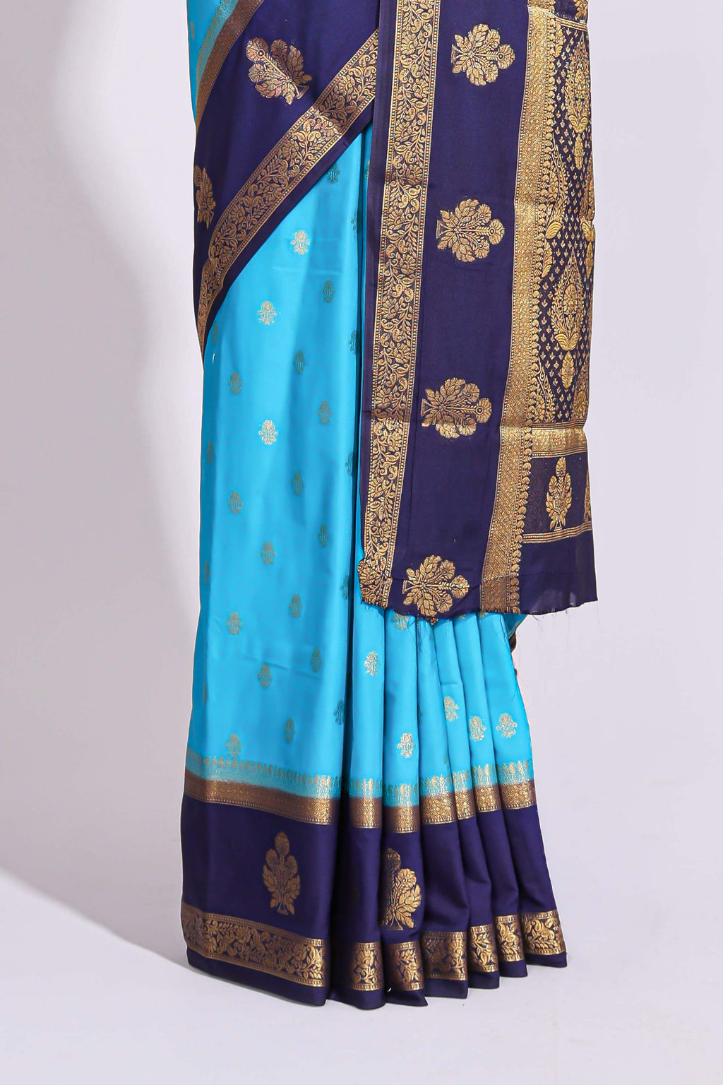 Blue zari motifs art mysore silk saree with contrast zari border and blouse