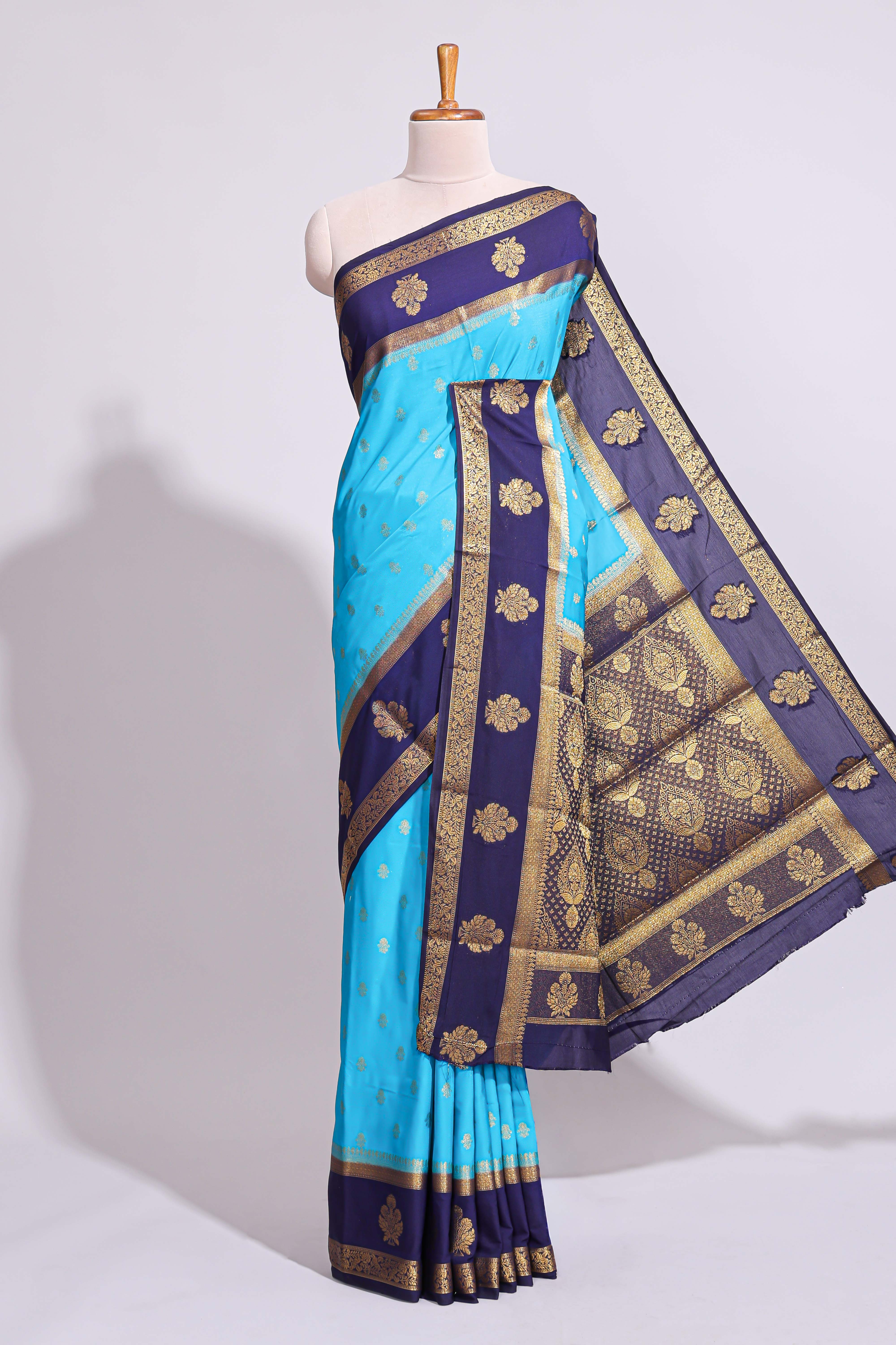 Blue zari motifs art mysore silk saree with contrast zari border and blouse