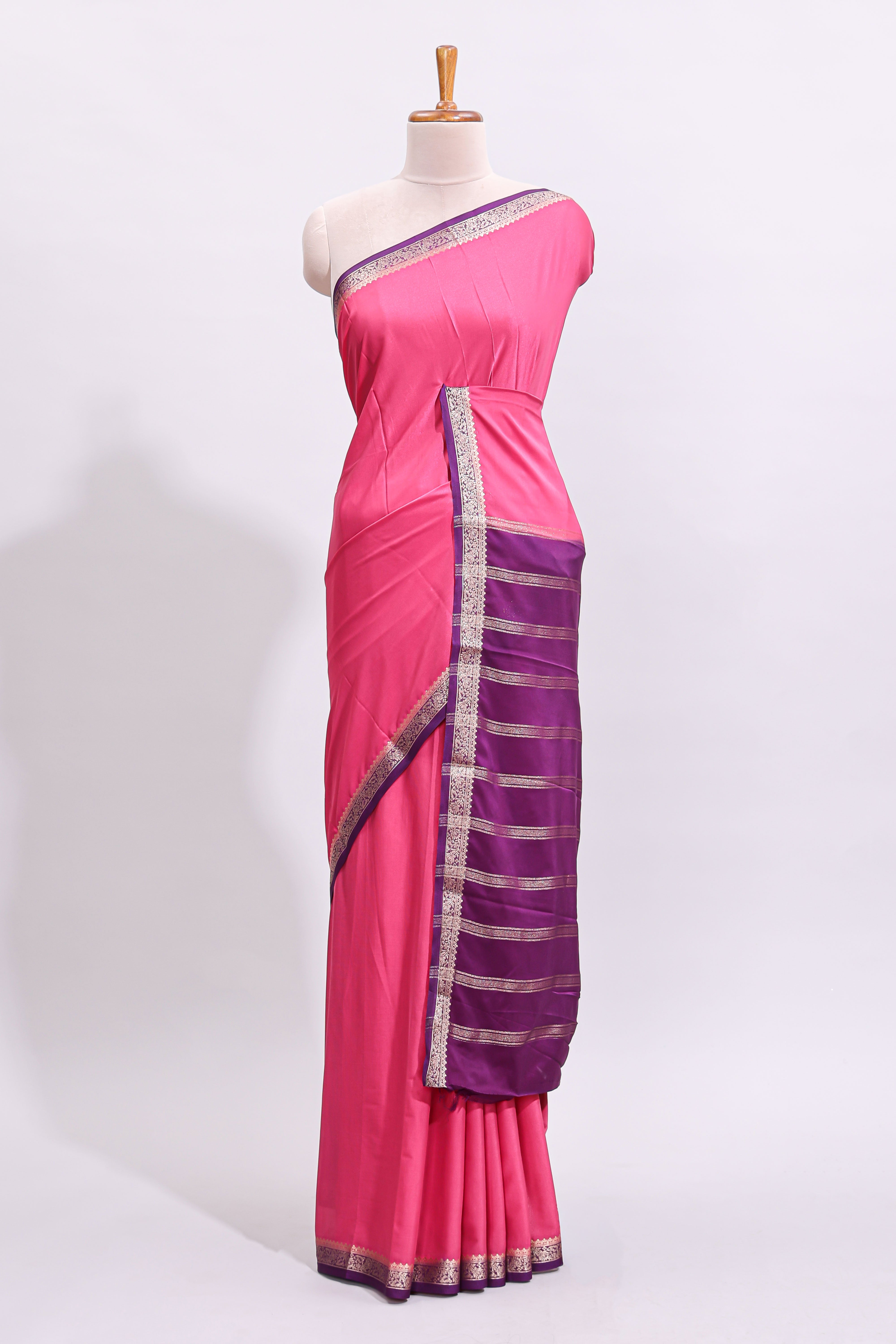 Pink plain art mysore silk saree with contrast zari border and contrast blouse