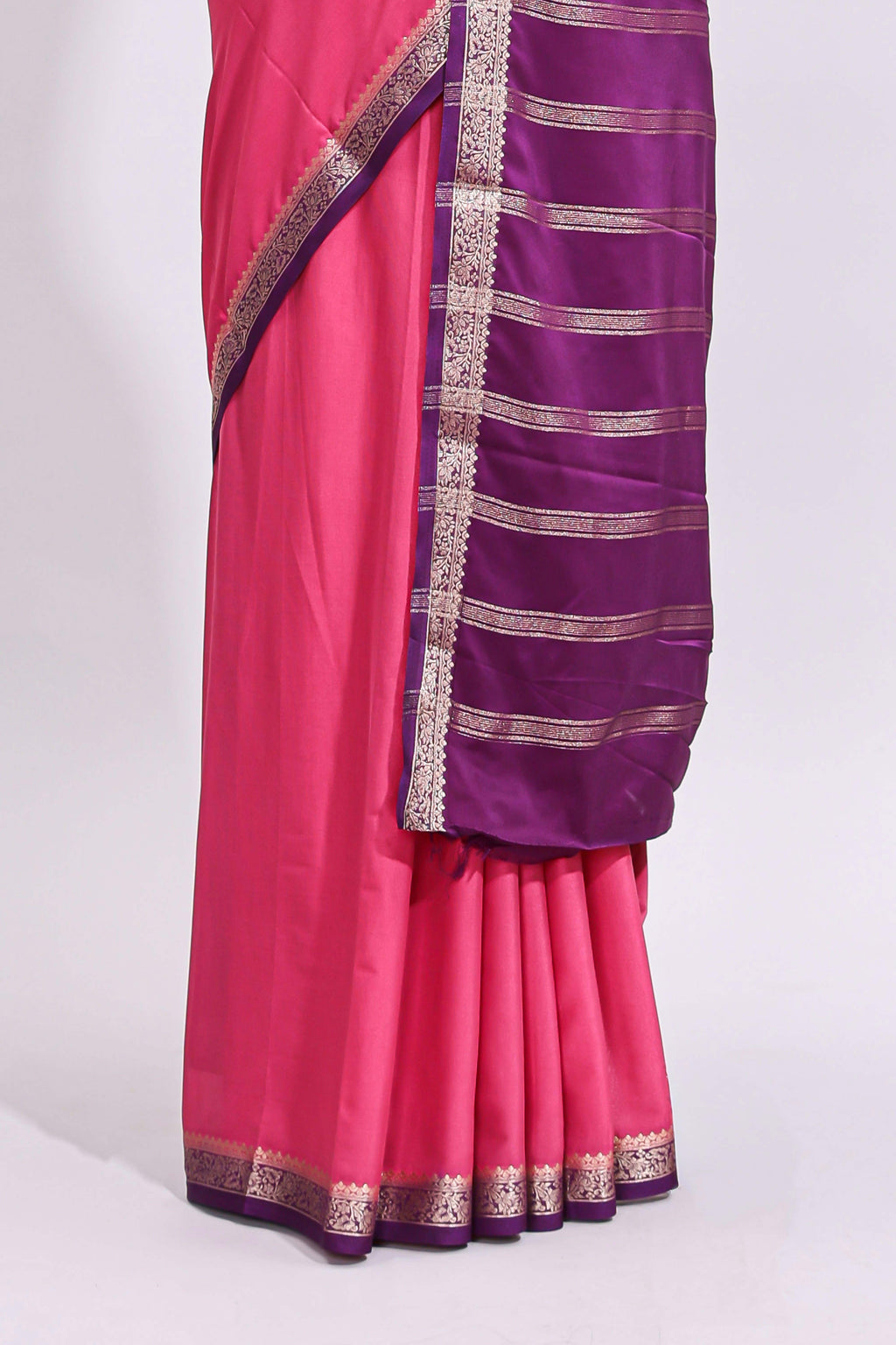 Pink plain art mysore silk saree with contrast zari border and contrast blouse