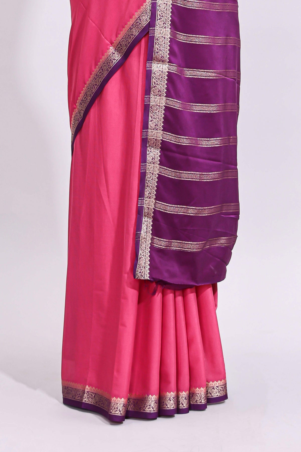 Pink plain art mysore silk saree with contrast zari border and contrast blouse