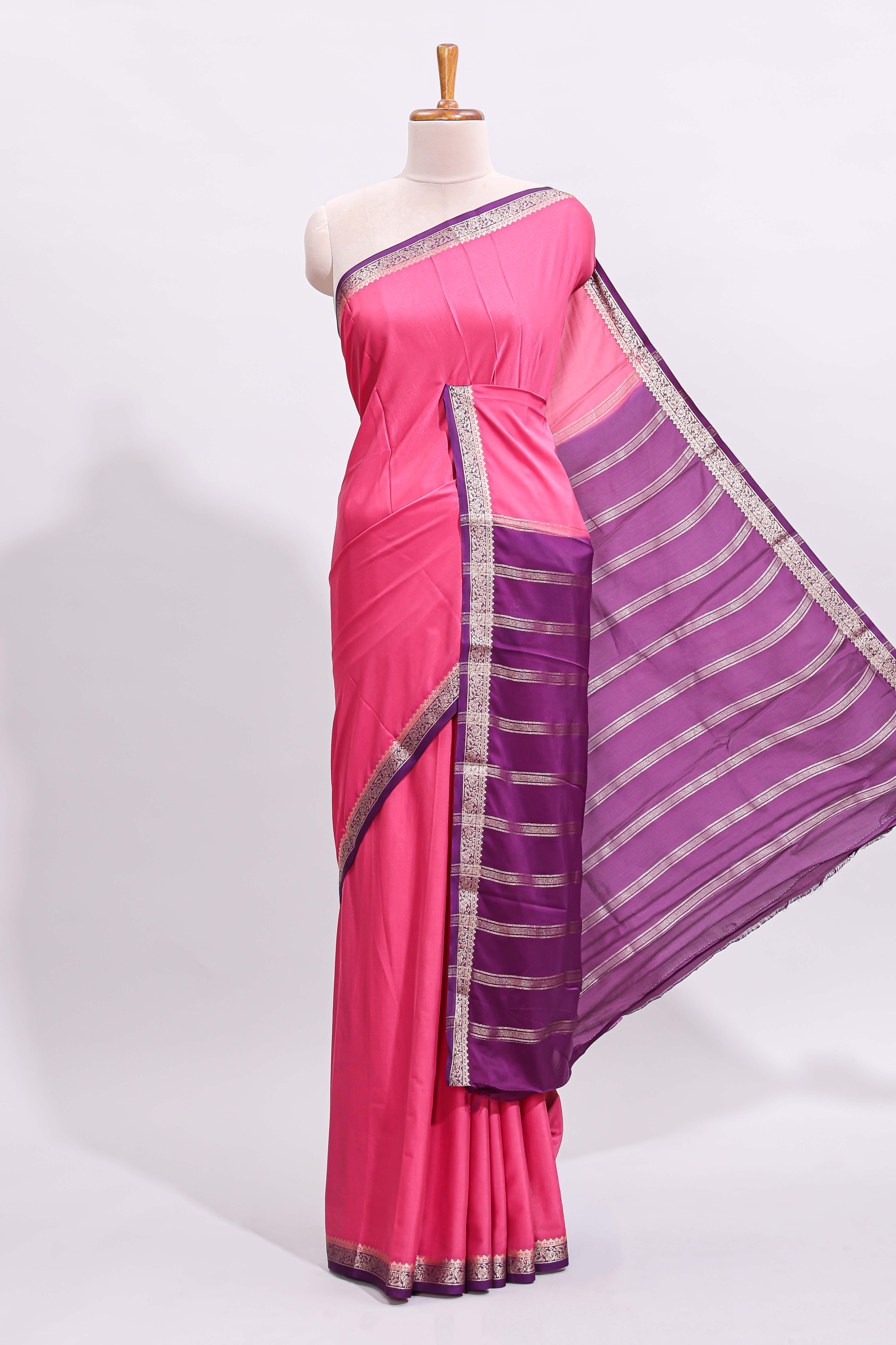 Pink plain art mysore silk saree with contrast zari border and contrast blouse