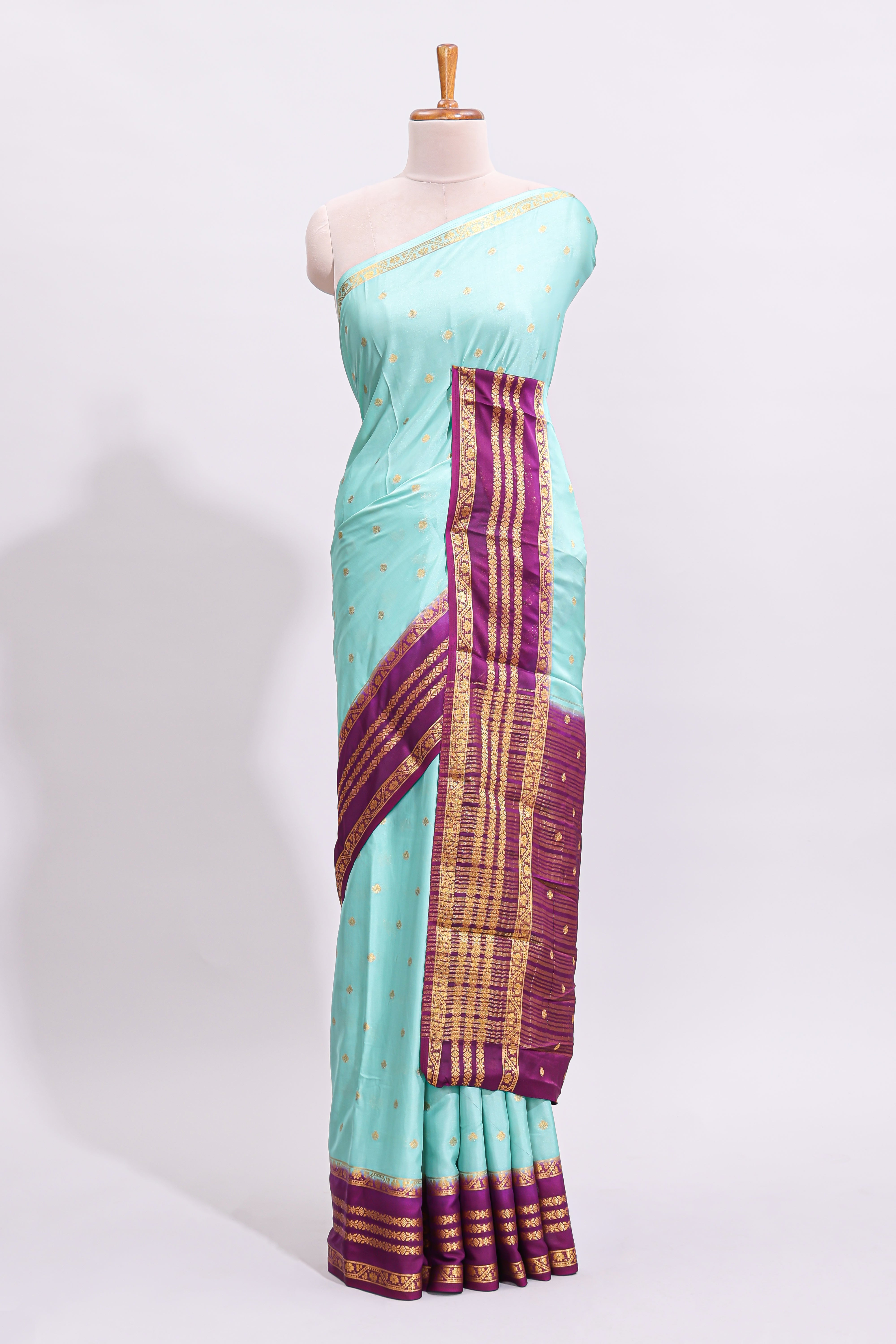 Blue zari butta art mysore silk saree with contrast zari border and motifs blouse