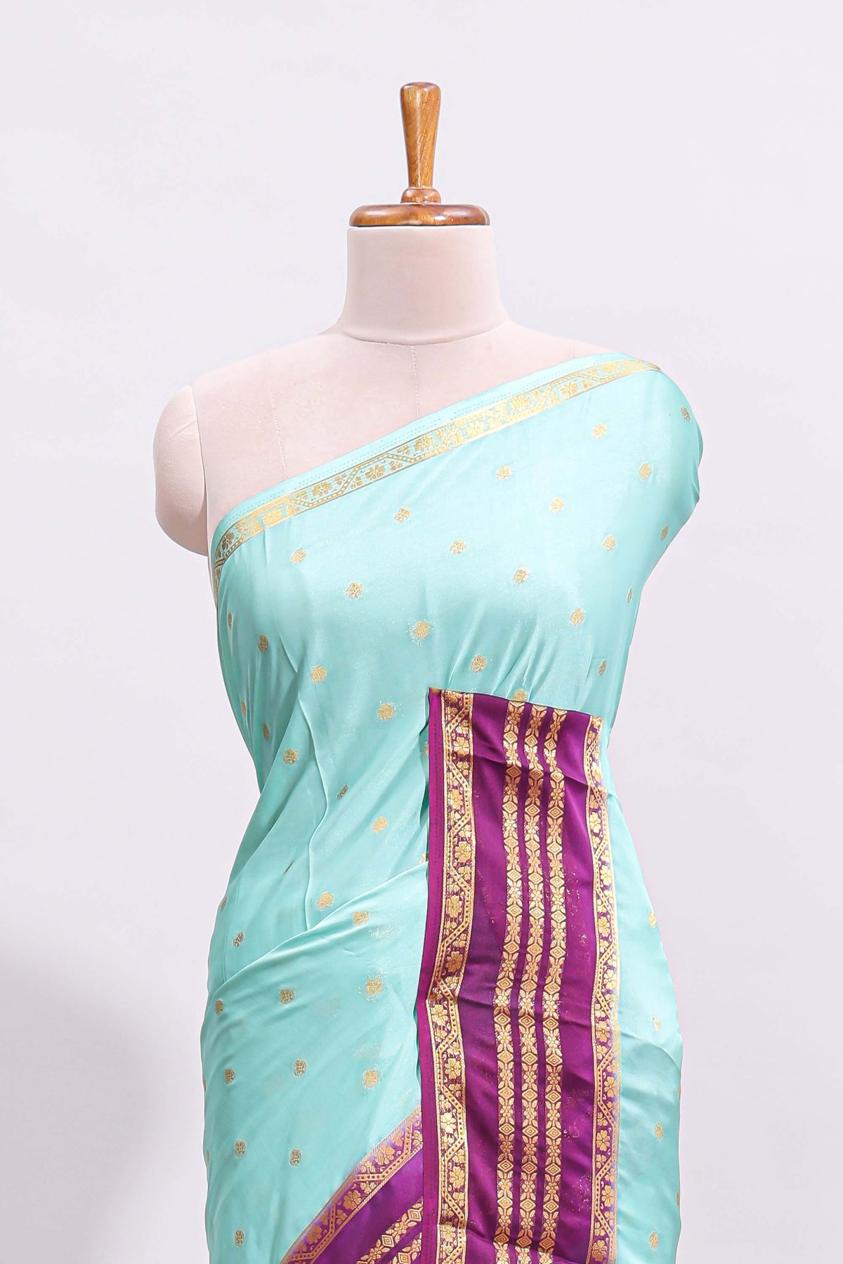 Blue zari butta art mysore silk saree with contrast zari border and motifs blouse