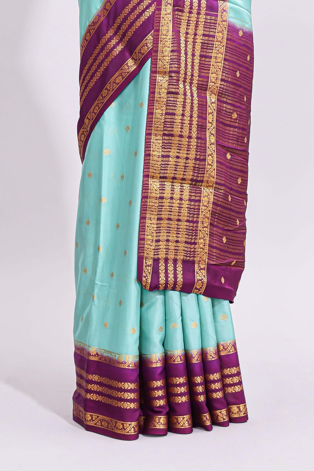 Blue zari butta art mysore silk saree with contrast zari border and motifs blouse