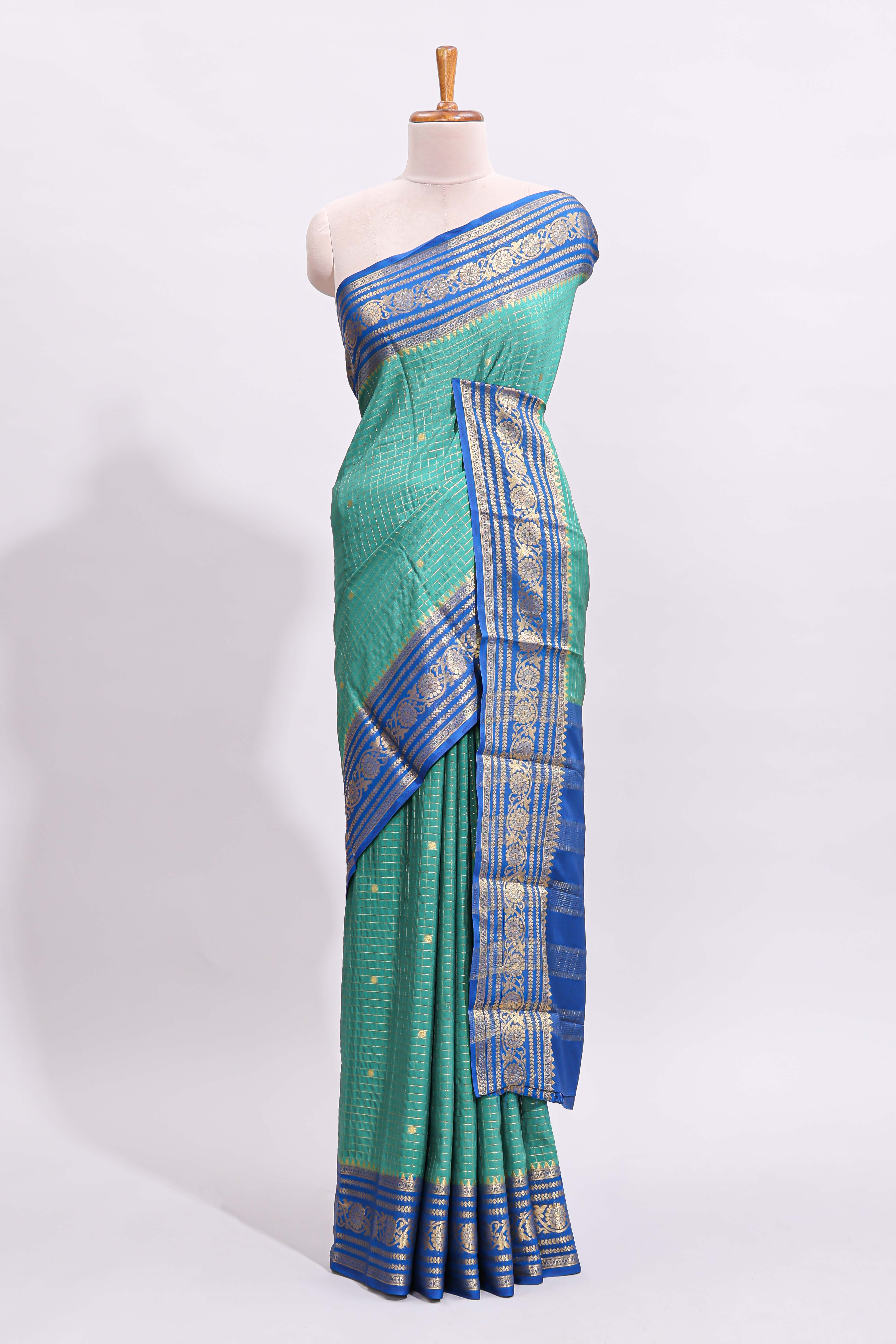 Green zari checked art mysore silk saree with contrast zari border and motifs blouse
