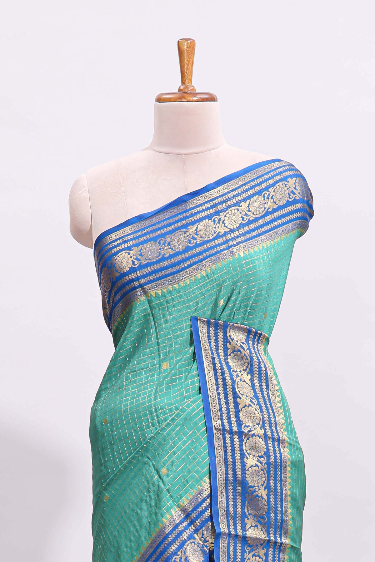 Green zari checked art mysore silk saree with contrast zari border and motifs blouse