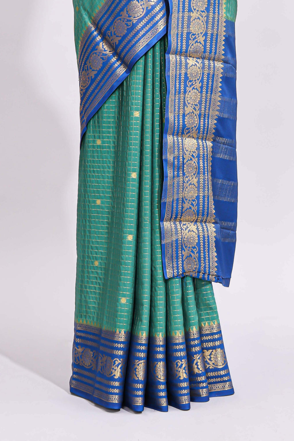 Green zari checked art mysore silk saree with contrast zari border and motifs blouse