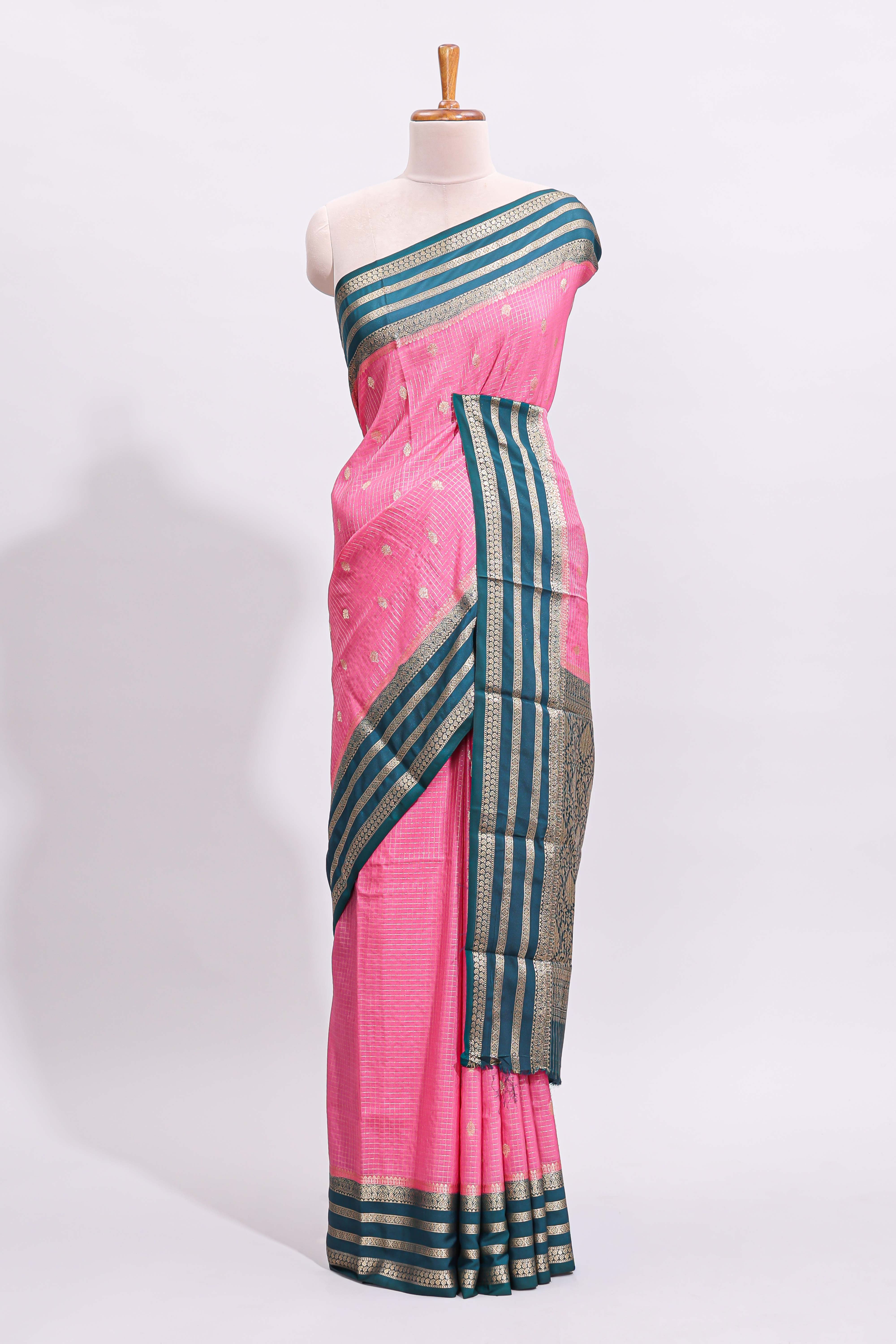 Pink zari checked art mysore silk saree with contrast zari border and motifs blouse