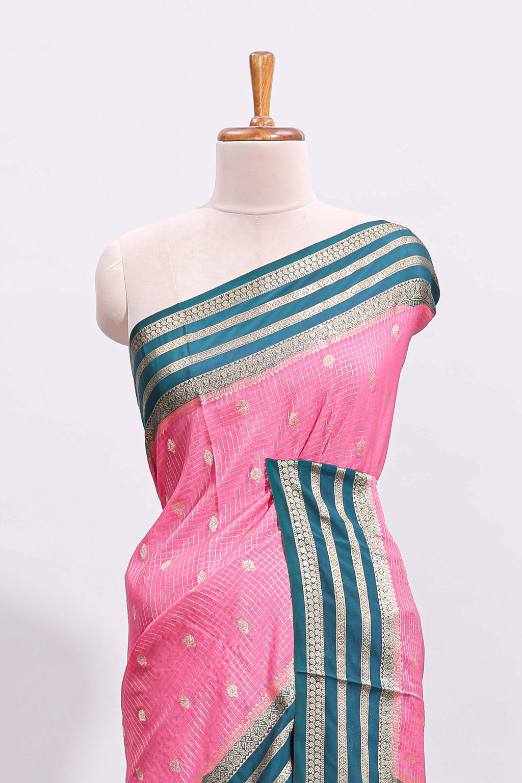 Pink zari checked art mysore silk saree with contrast zari border and motifs blouse