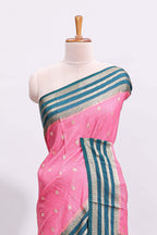 Pink zari checked art mysore silk saree with contrast zari border and motifs blouse