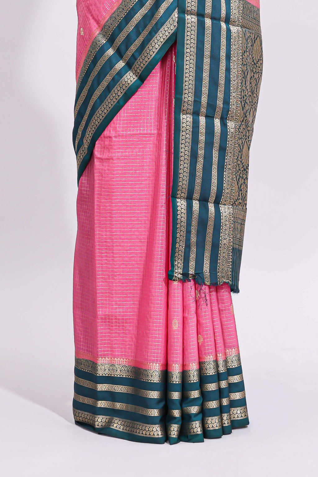 Pink zari checked art mysore silk saree with contrast zari border and motifs blouse