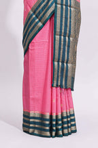 Pink zari checked art mysore silk saree with contrast zari border and motifs blouse