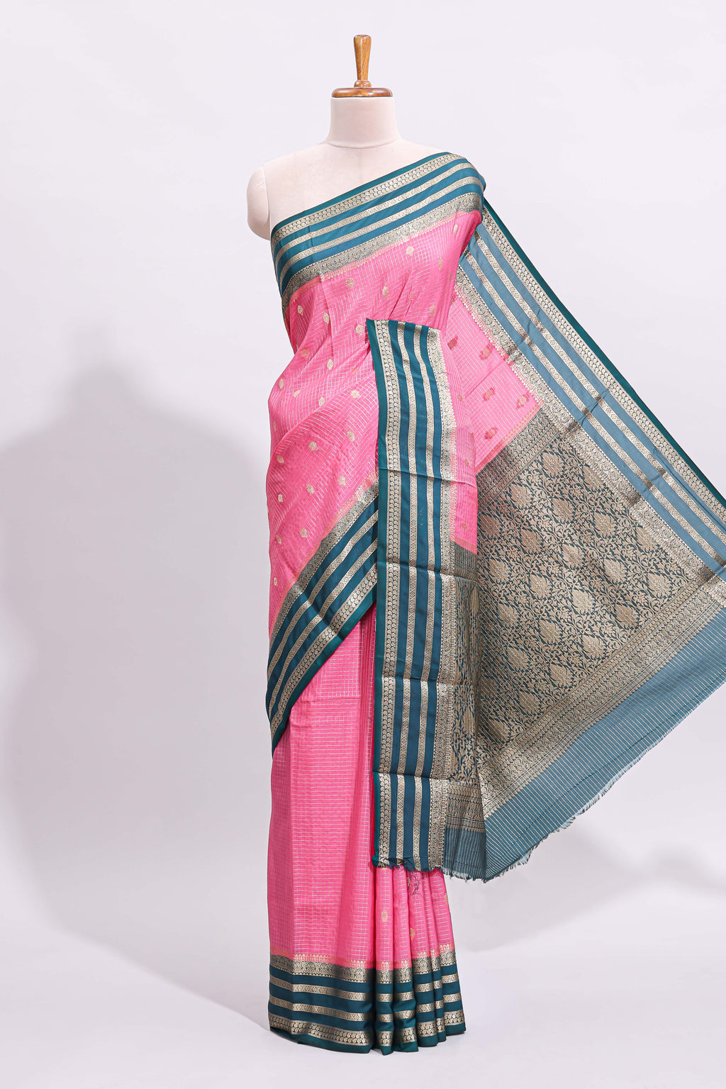 Pink zari checked art mysore silk saree with contrast zari border and motifs blouse