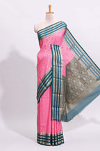 Pink zari checked art mysore silk saree with contrast zari border and motifs blouse