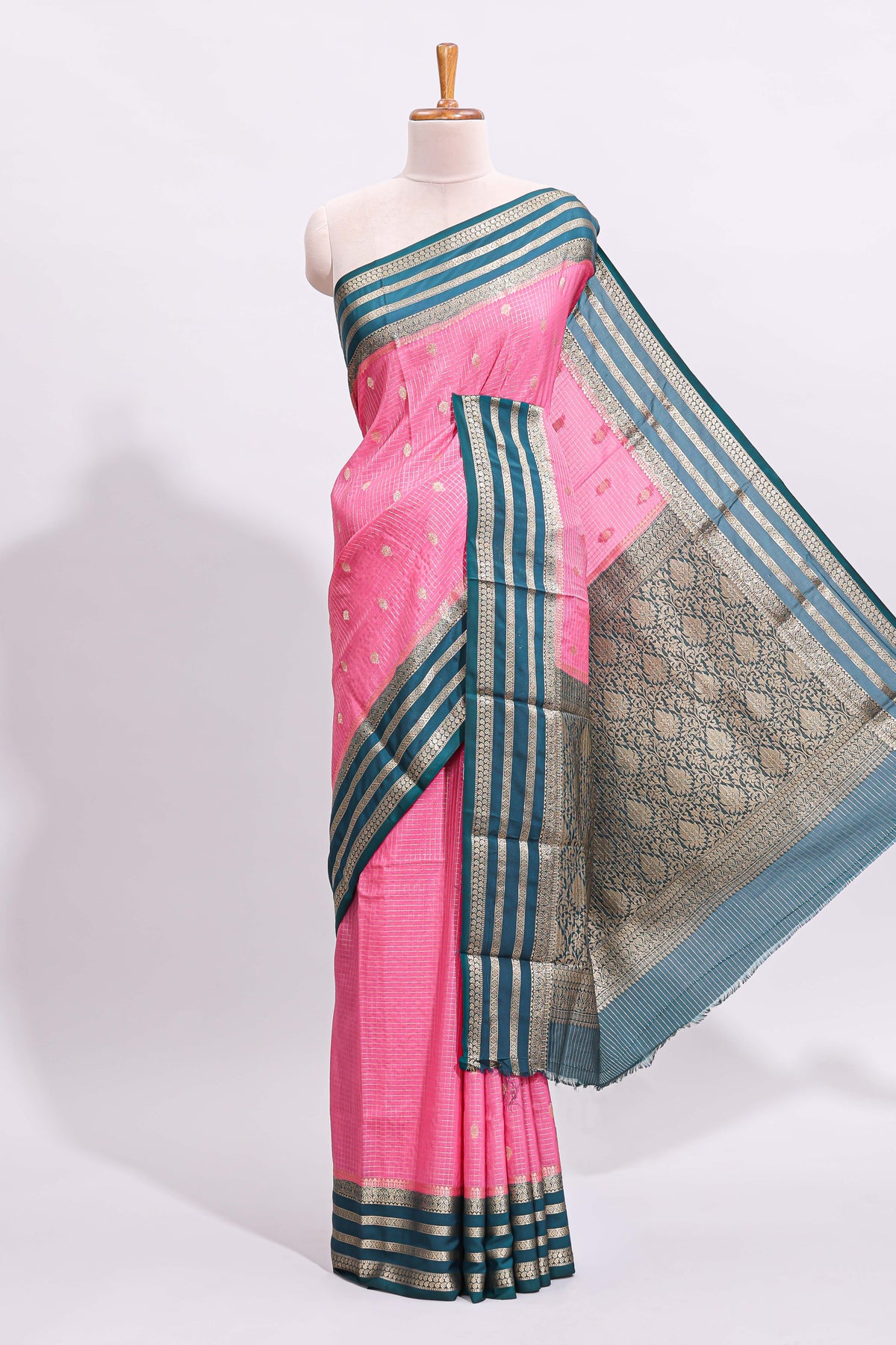 Pink zari checked art mysore silk saree with contrast zari border and motifs blouse