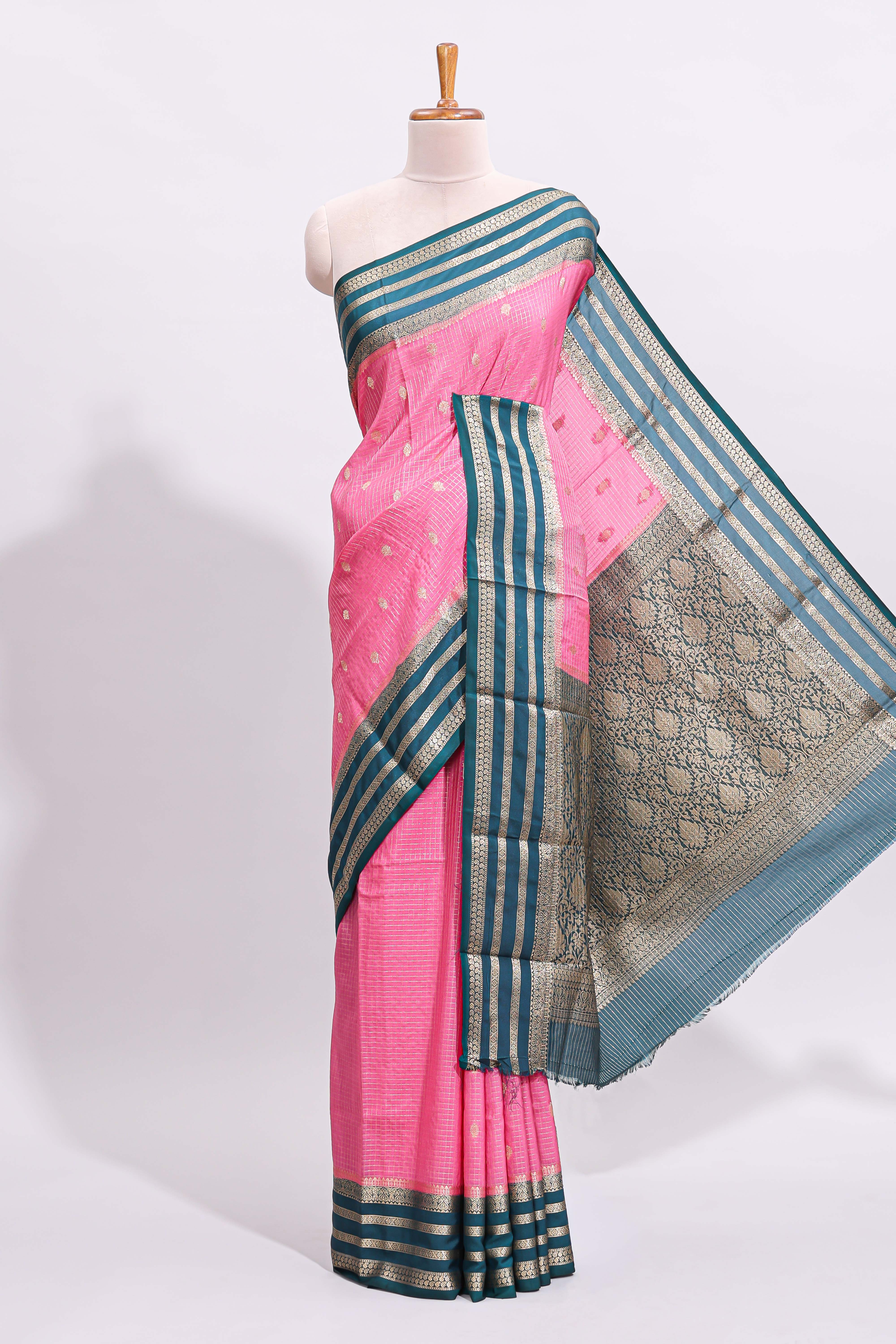 Pink zari checked art mysore silk saree with contrast zari border and motifs blouse